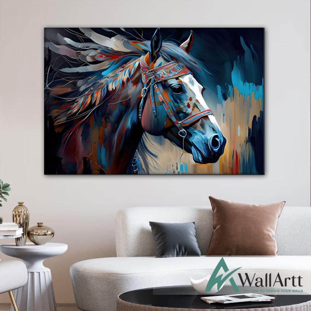 Blue Orange Horse 3D Heavy Textured Partial Oil Painting